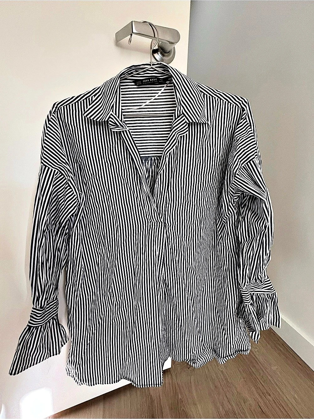 Zara Basic Oversized Blue & White Striped Tie-Sleeve Top Size XS